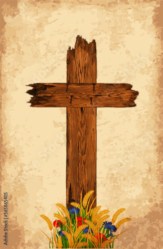 Old wooden cross with rusty nails, vector illustration