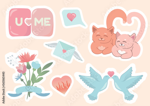 valentines day icon set. heart, romantic and love symbols. isolated vector images in flat style, flowers, cats, doves