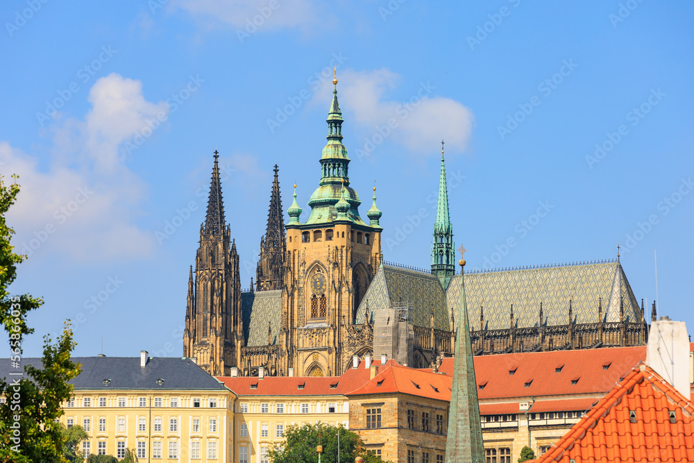 Obraz premium View of the Gothic Catholic Cathedral of St. Vitus, Wenceslas and Vojtech in Prague Castle. Background