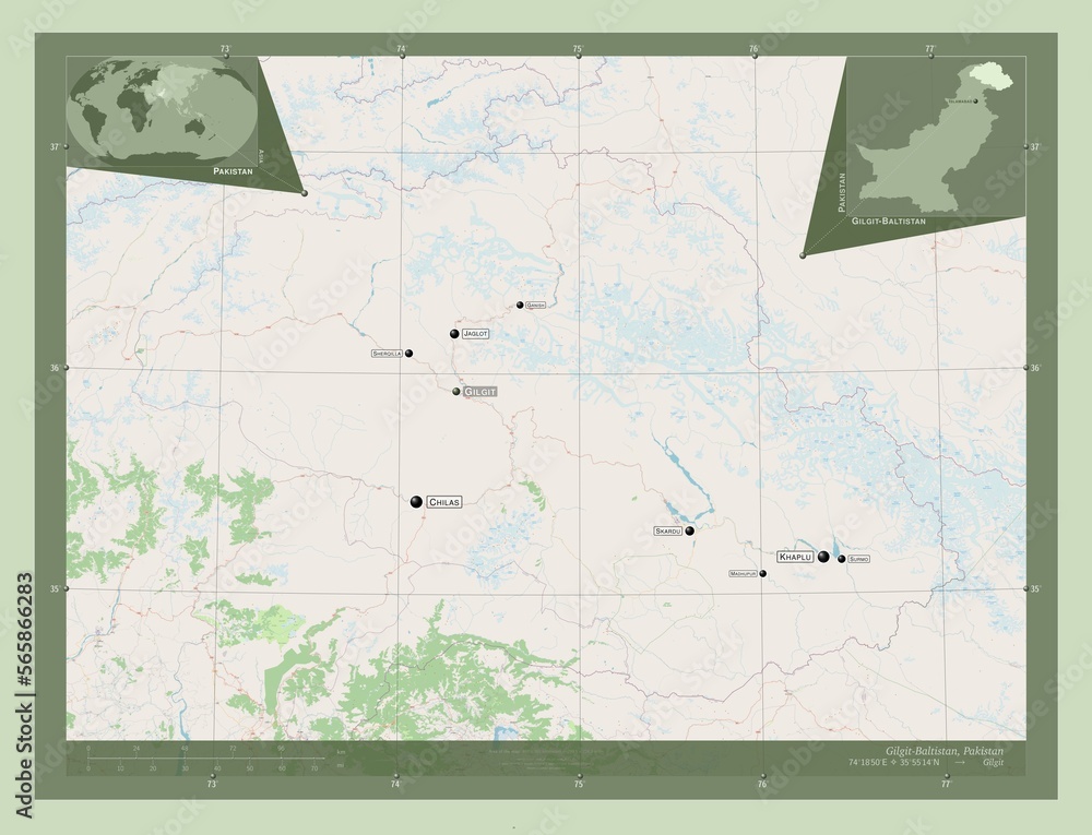 Fototapeta premium Gilgit-Baltistan, Pakistan. OSM. Labelled points of cities