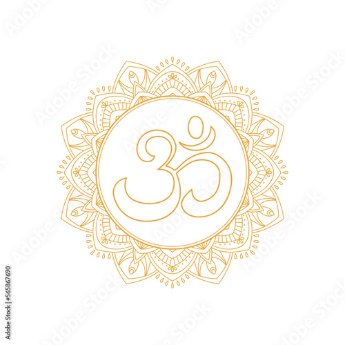Aum symbol on the ornate golden frame. Illustration on transparent background photo