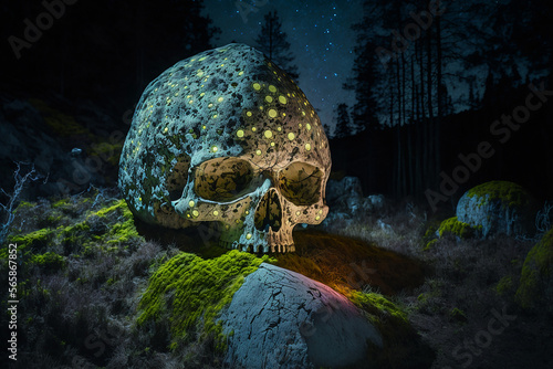 skull in a dence forest in the dark of night. Generative AI 