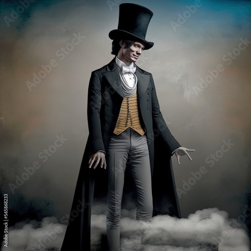 Mysterious Victorian man in top hat and suit. Made with Generative AI