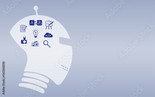 Silhouette eines Roboterkopfes zur Veranschaulichung einer Künstlichen Intelligenz. Darin Icons im Vektor-Format für die Fähigkeiten einer KI. Daneben Platz für Text. 