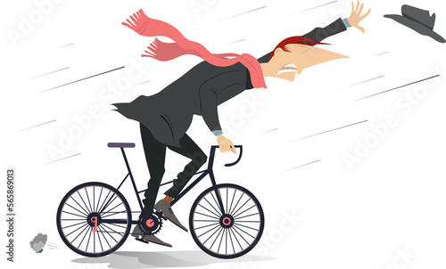 Rainy and windy day and man rides a bike illustration. Strong wind and rain. Cycling man trying to catch his flying away hat. Isolated on white background