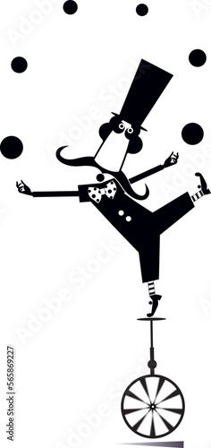 Equilibrist man on the unicycle juggles the balls. 
Funny man in the top hat balances on the unicycle and juggles the balls. Black on white illustration
