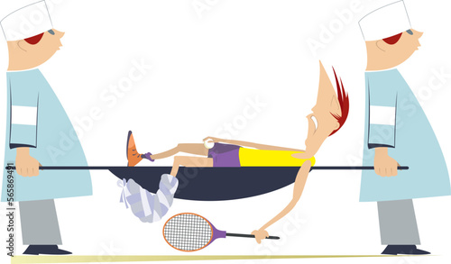 Injured tennis player, two physicians with a stretcher. 
Two physicians carry injured tennis player with a bandage on the leg in a stretcher isolated on white

