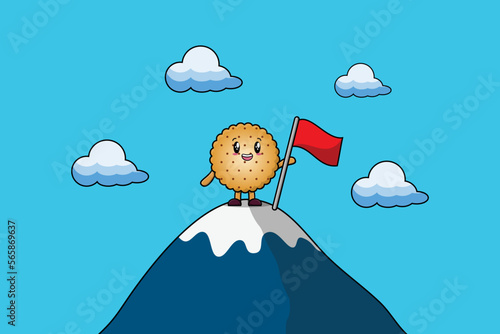 Illustration of cute character Cookies climbs top mountain in flat modern design