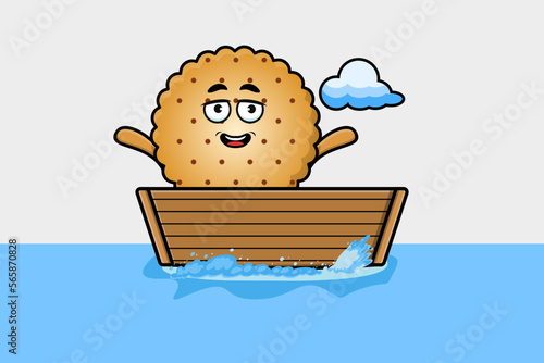 cute cartoon Cookies get on boat in vector character illustration