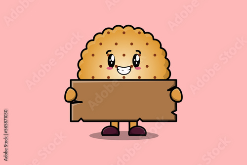 Cute cartoon Cookies character holding blank wooden text board vector icon illustration