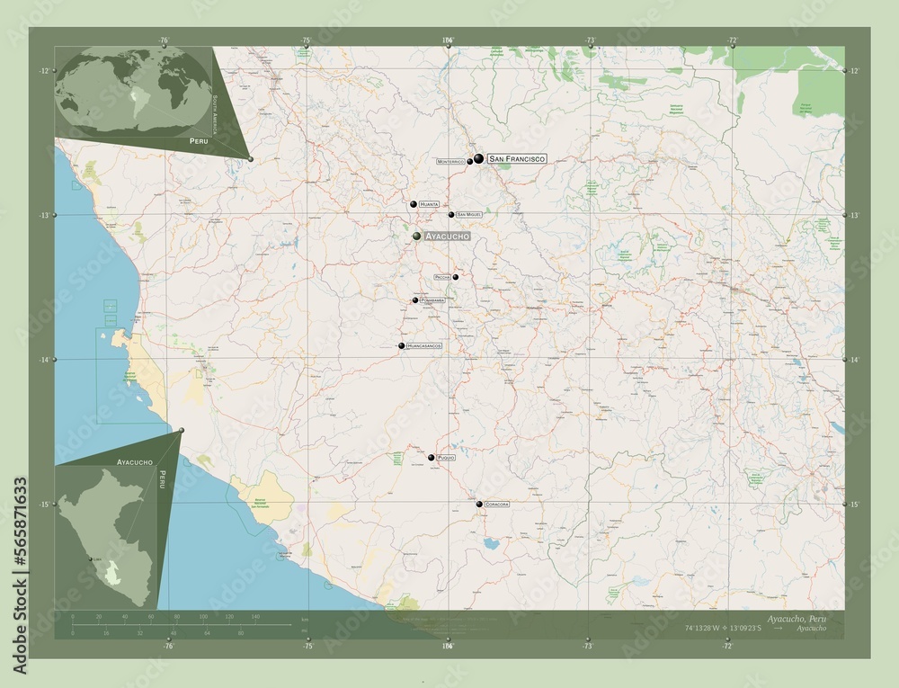 Fototapeta premium Ayacucho, Peru. OSM. Labelled points of cities