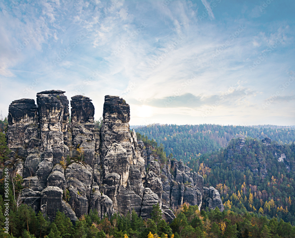 The bizarre landscape of the Bastei in Saxon Switzerland on the banks of the Elbe River.