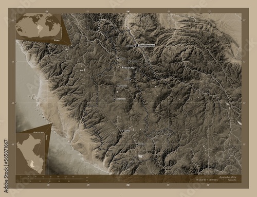 Ayacucho, Peru. Sepia. Labelled points of cities photo
