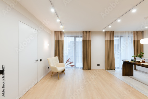 stylish new Studio Kitchen with large windows and white walls