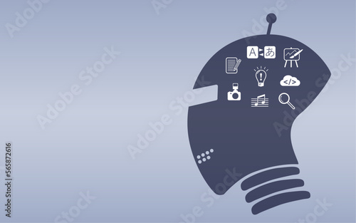 Silhouette d'une tête de robot pour illustrer une intelligence artificielle. A l'intérieur, des icônes au format vectoriel pour les capacités d'une IA. À côté, un espace pour du texte. 