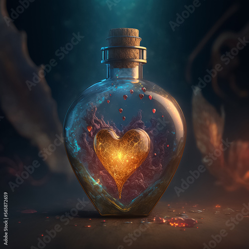 Bottle with love potion, romance and Valentine's day. Fantasy magic heart elixir