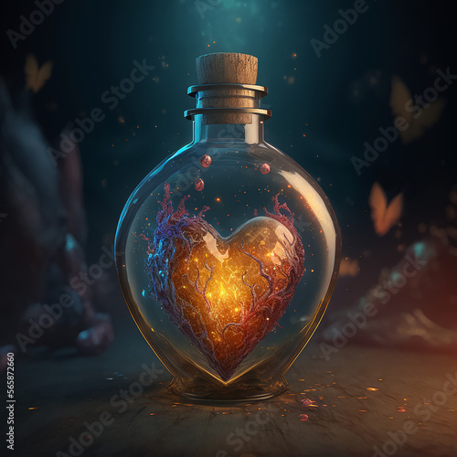 A magical heart in a bottle, design elements for Valentines day. Dark background