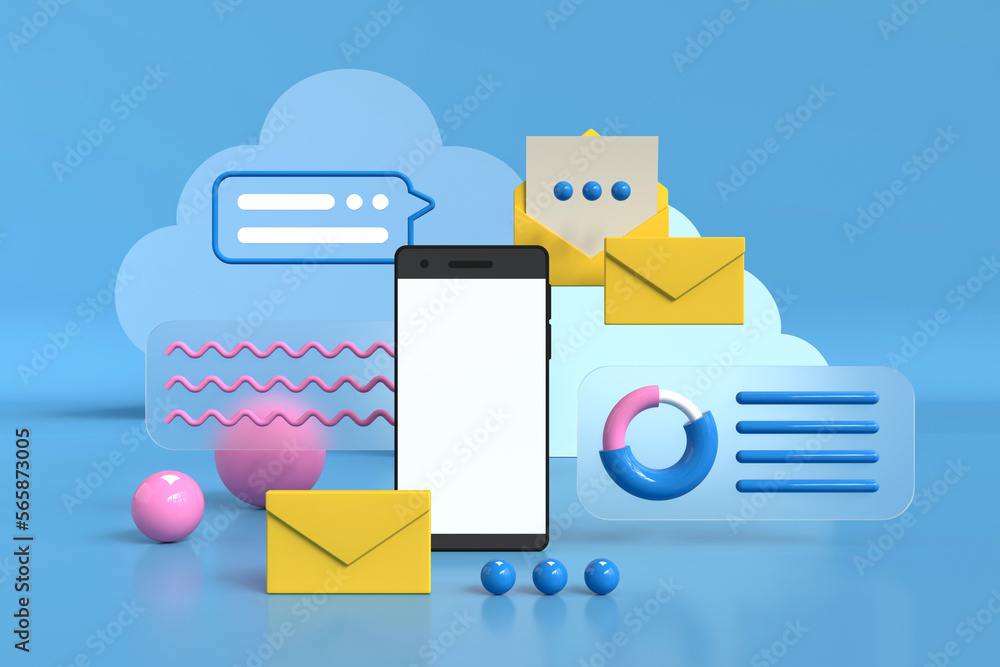 Mail, correspondence, charts and reports. Mobile application development and software development concept. 3d rendering Mail, correspondence, charts and reports. Mobile application development and software development concept. 3d rendering