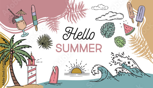 Summer icon set, hand drawn illustration.	
