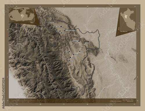 San Martin, Peru. Sepia. Labelled points of cities photo