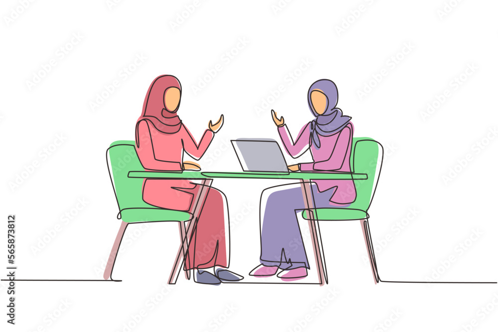 Continuous one line drawing Muslim TV show with guest. Arabian girl celebrity giving interview to television presenter, journalist asking famous women host. Single line draw design vector illustration