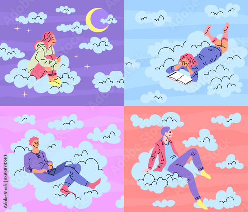 Cartoon Color Characters People Sitting on Clouds Set Dream or Relax Concept Flat Design Style. Vector illustration