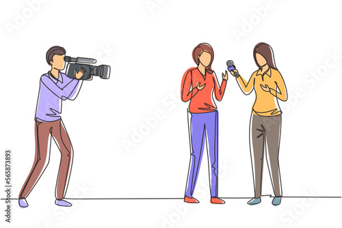 Single one line drawing woman journalist with microphone, interview man in front of camera at tv studio. Reporter, cameraman broadcast breaking news at live stream. Continuous line draw design vector