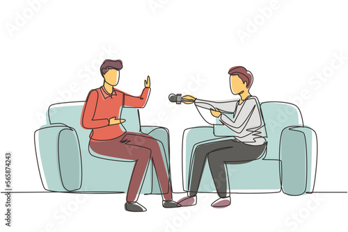 Single one line drawing Interview with famous person. Television or internet broadcast where a journalist talks to a celebrity. Journalist, interviewer. Continuous line draw design vector illustration