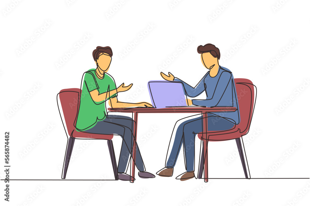Single continuous line drawing male interviewing famous person in studio for tv show. Concept of television or internet broadcast with journalist talking to celebrity. One line draw design vector Single continuous line drawing male interviewing famous person in studio for tv show. Concept of television or internet broadcast with journalist talking to celebrity. One line draw design vector