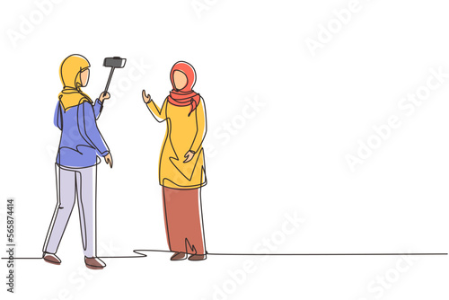 Continuous one line drawing professional shooting team record video interview for vlog with smartphone, monopod stick. Arab woman journalist as news anchor. Single line draw design vector illustration