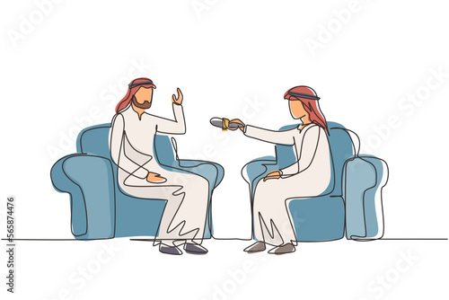 Single continuous line drawing interview with famous person. Television, internet broadcast where Arab journalist talks to celebrity. Journalist, interviewer. One line draw design vector illustration
