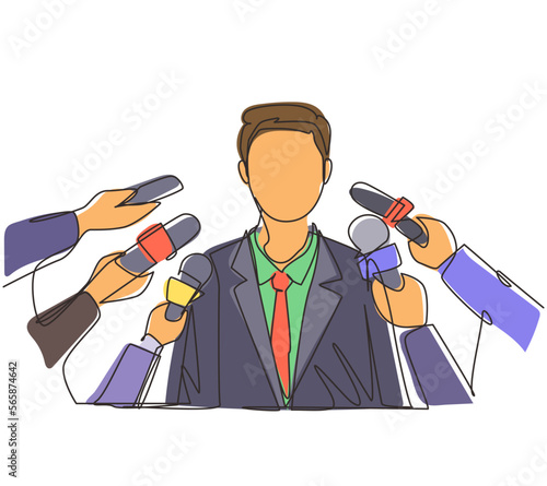 Single one line drawing interview. Man with microphones. Popular person, presenter, celebrity, political gives comment for breaking news, reportage, tv. Continuous line draw design vector illustration