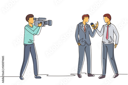 Single one line drawing journalists take interview. TV host or reporter and cameraman questioning man. Broadcasting reportage with cameraman. Continuous line draw design graphic vector illustration