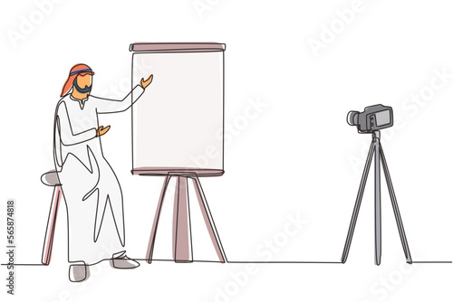Single one line drawing Arab businessman blog doing presentation. Marketer, financial advisor, business coach, trainer. Entrepreneur streaming webinar continuous line draw design vector illustration
