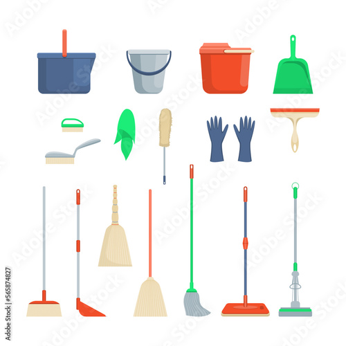 Cartoon Color Different Household Equipment Set Flat Design Style Include of Bucket, Mop and Broom. Vector illustration