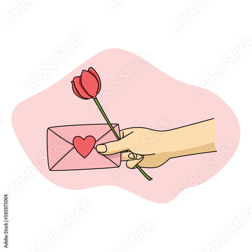 hand holding a pink love letter envelope and flower valentine gift illustration