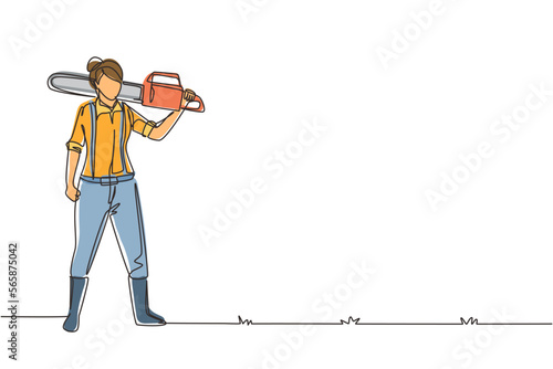 Continuous one line drawing woman woodcutter holding chainsaw on her back. Wearing suspender shirt, jeans and boots. Female lumberjack pose on logging forest. Single line draw design vector graphic