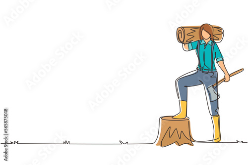 Continuous one line drawing woman lumberjack or woodcutter holding timber and axe. Wooden materials manufacturing, standing with axe, posing with one foot on tree stump. Single line draw design vector