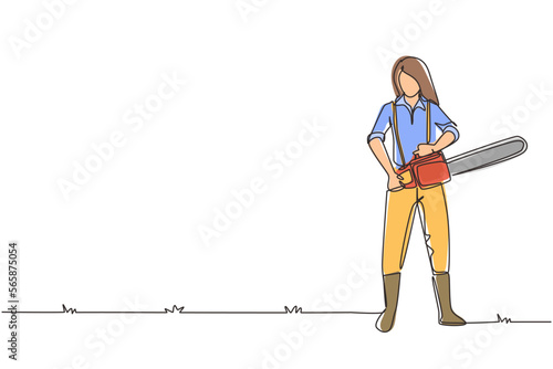 Single continuous line drawing woman lumberjack with workwear and chainsaw. Wearing shirt, jeans, boots. Female woodcutter pose on the logging forest. One line draw graphic design vector illustration