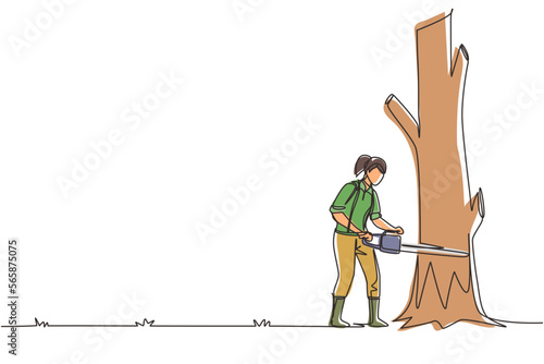 Continuous one line drawing woman logger sawing log and tree in forest. Wood industry worker with saw in hands. Female lumberjack cut timberwood, woodcutter occupation. Single line draw design vector