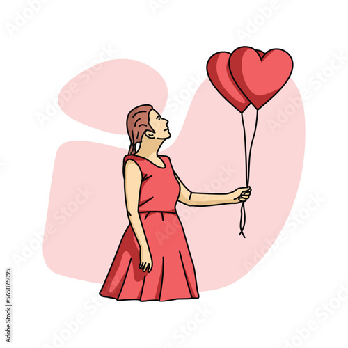 girl with heart balloon valentine illustration