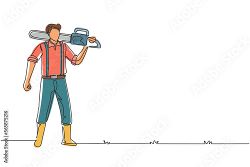 Continuous one line drawing woodcutter holding chainsaw on his back. Wearing suspender shirt, jeans and boots. Lumberjack pose on logging forest. Single line draw design graphic vector illustration