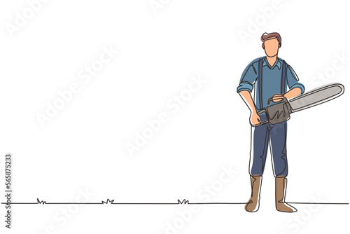 Single continuous line drawing lumberjack with workwear and chainsaw. Wearing shirt, jeans and boots. Lumberjack pose on the logging forest. Dynamic one line draw graphic design vector illustration