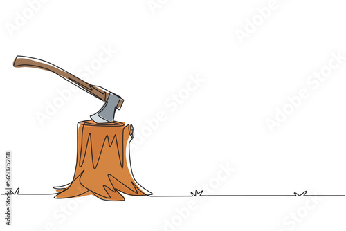 Single continuous line drawing Hatchet in a tree stump. A tree stump with an axe stuck. Forest, camping concept. Axe in stuck at stump. Dynamic one line draw graphic design vector illustration