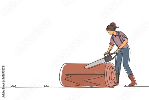 Single continuous line drawing wood industry worker with chainsaw working. Woman logger sawing log in forest. Girl lumberjack cut timberwood, woodcutter occupation. One line design vector illustration