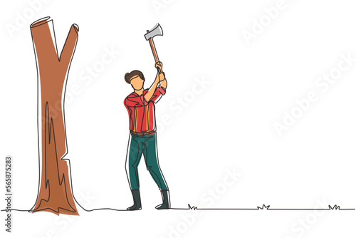 Single continuous line drawing lumberjack with an ax chopping wood. Woodcutter chopping tree with axe. Wearing shirt, jeans and boots. Man with ax in his hands cuts tree. One line draw design vector
