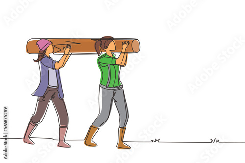 Single one line drawing couple of woman lumberjack laborers carrying heavy wooden log on shoulders. Female woodcutters working in wood logging industry. Continuous line draw design vector illustration