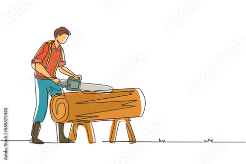Continuous one line drawing sawmill concept. Professional lumberjack cutting tree by chainsaw for further transportation, processing. Global deforestation. Single line draw design vector illustration