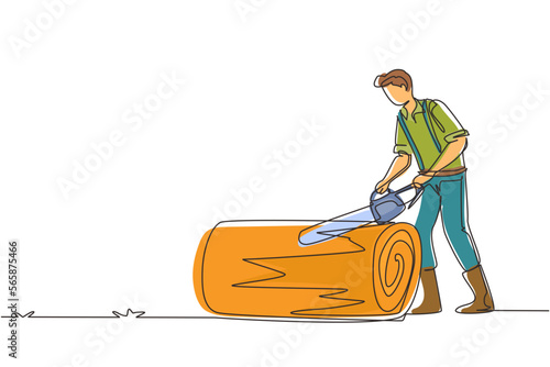 Single one line drawing wood industry worker with chainsaw working. Man logger sawing log in forest. Lumberjack cut timberwood, woodcutter occupation. Continuous line draw design vector illustration