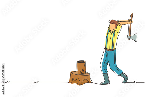 Continuous one line drawing woodcutter or lumberjack chopping wood with axe. Wearing shirt, jeans and boots. Man with ax in his hands cuts tree. Single line draw design vector graphic illustration